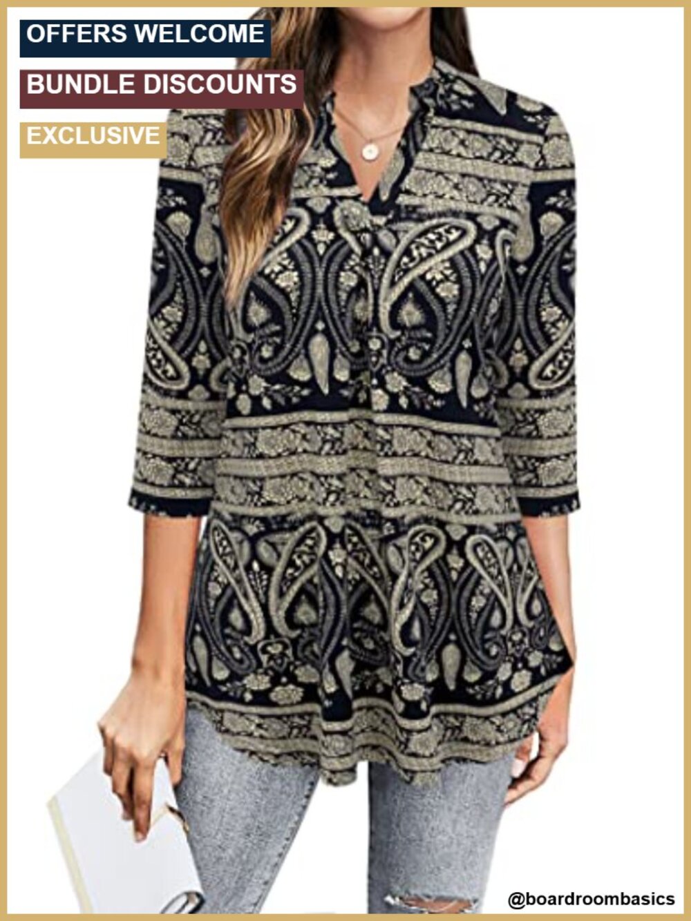 Womens 3/4 Sleeve V Neck Pleated Business Casual Blouse